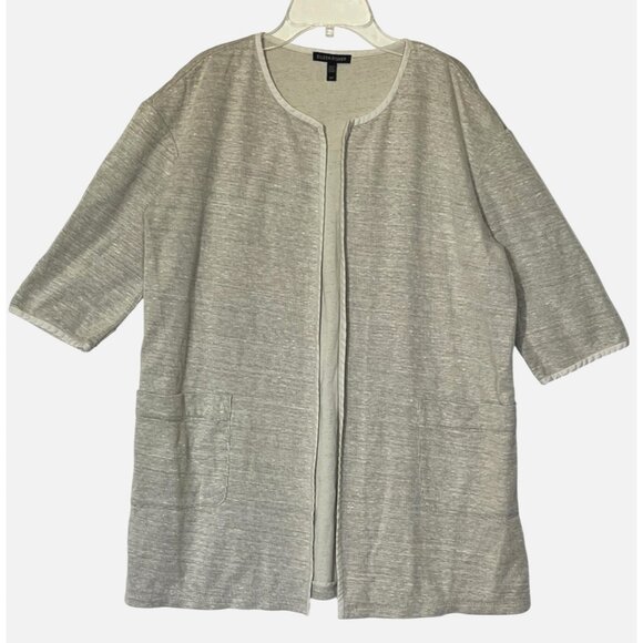 Eileen Fisher Gray Beige Melange Cotton Linen Open Front Cardigan Duster - Picture 1 of 8